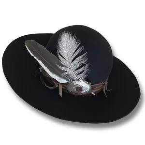 Black Wool Brimmed Hat with Leather Hatband Vintage Concho and Genuine Feathers Laser engraving on wool hat fabric main image 4